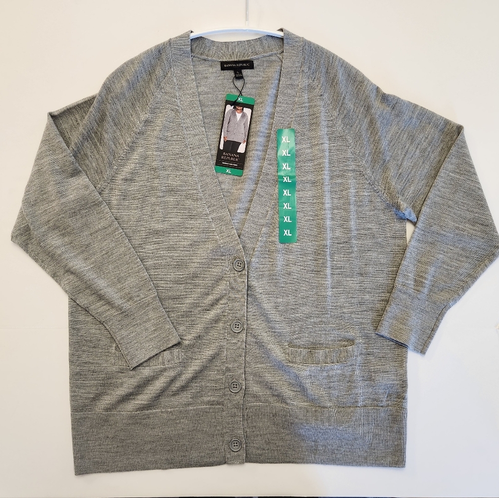 Banana Republic 100% merino washable wool v-neck boyfriend cardigan grey XL
